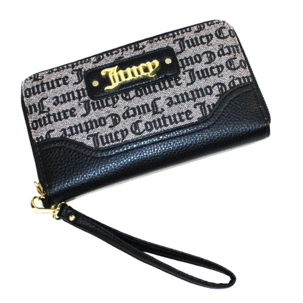 Juicy Couture Signature Monogram Zip-Around Wristlet Wallet Black & Gold Logo